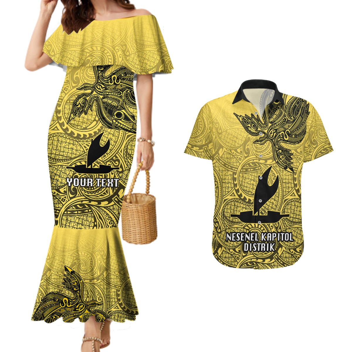 Personalised Papua New Guinea National Capital District Couples Matching Mermaid Dress and Hawaiian Shirt PNG Birds Of Paradise Polynesian Arty Style LT03 Yellow - Polynesian Pride