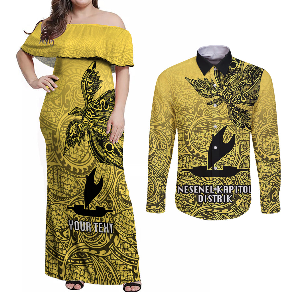 Personalised Papua New Guinea National Capital District Couples Matching Off Shoulder Maxi Dress and Long Sleeve Button Shirts PNG Birds Of Paradise Polynesian Arty Style LT03 Yellow - Polynesian Pride