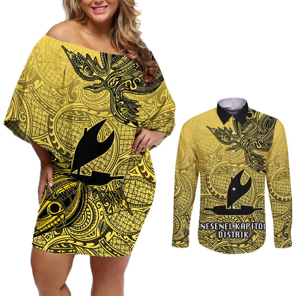Personalised Papua New Guinea National Capital District Couples Matching Off Shoulder Short Dress and Long Sleeve Button Shirts PNG Birds Of Paradise Polynesian Arty Style LT03 Yellow - Polynesian Pride