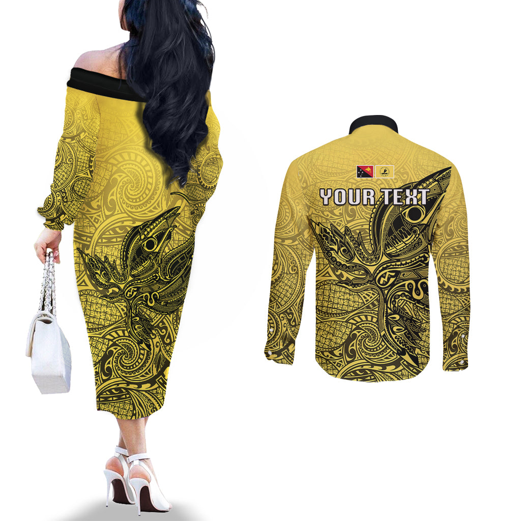 Personalised Papua New Guinea National Capital District Couples Matching Off The Shoulder Long Sleeve Dress and Long Sleeve Button Shirts PNG Birds Of Paradise Polynesian Arty Style LT03 - Polynesian Pride