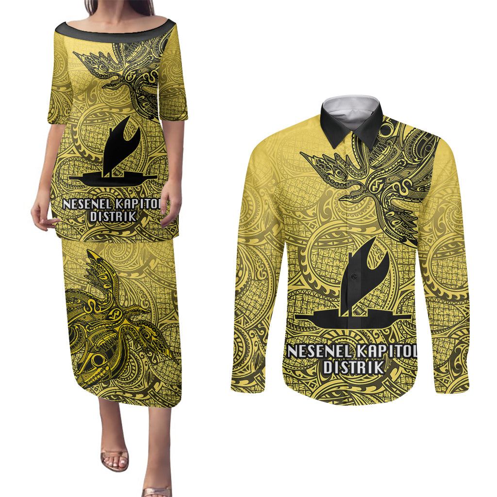 Personalised Papua New Guinea National Capital District Couples Matching Puletasi Dress and Long Sleeve Button Shirts PNG Birds Of Paradise Polynesian Arty Style LT03 Yellow - Polynesian Pride