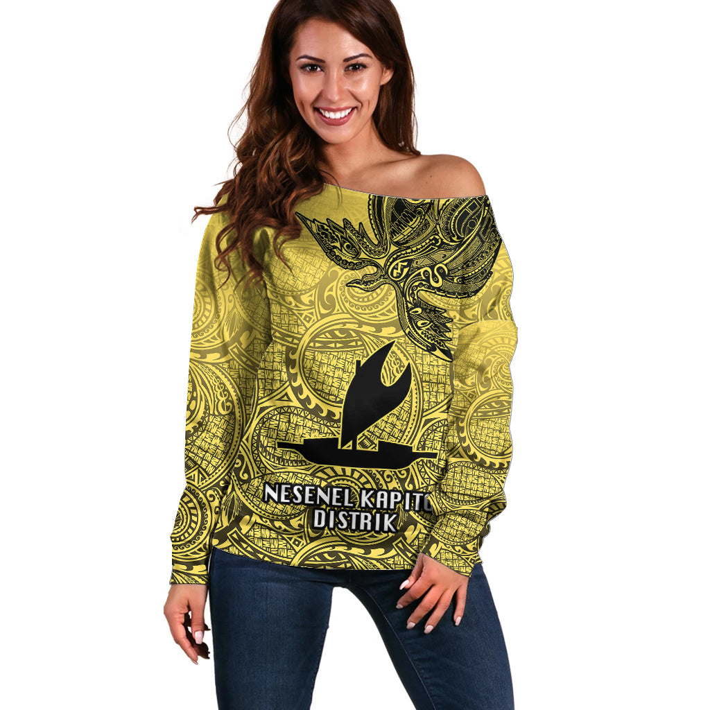 Personalised Papua New Guinea National Capital District Off Shoulder Sweater PNG Birds Of Paradise Polynesian Arty Style LT03 Women Yellow - Polynesian Pride
