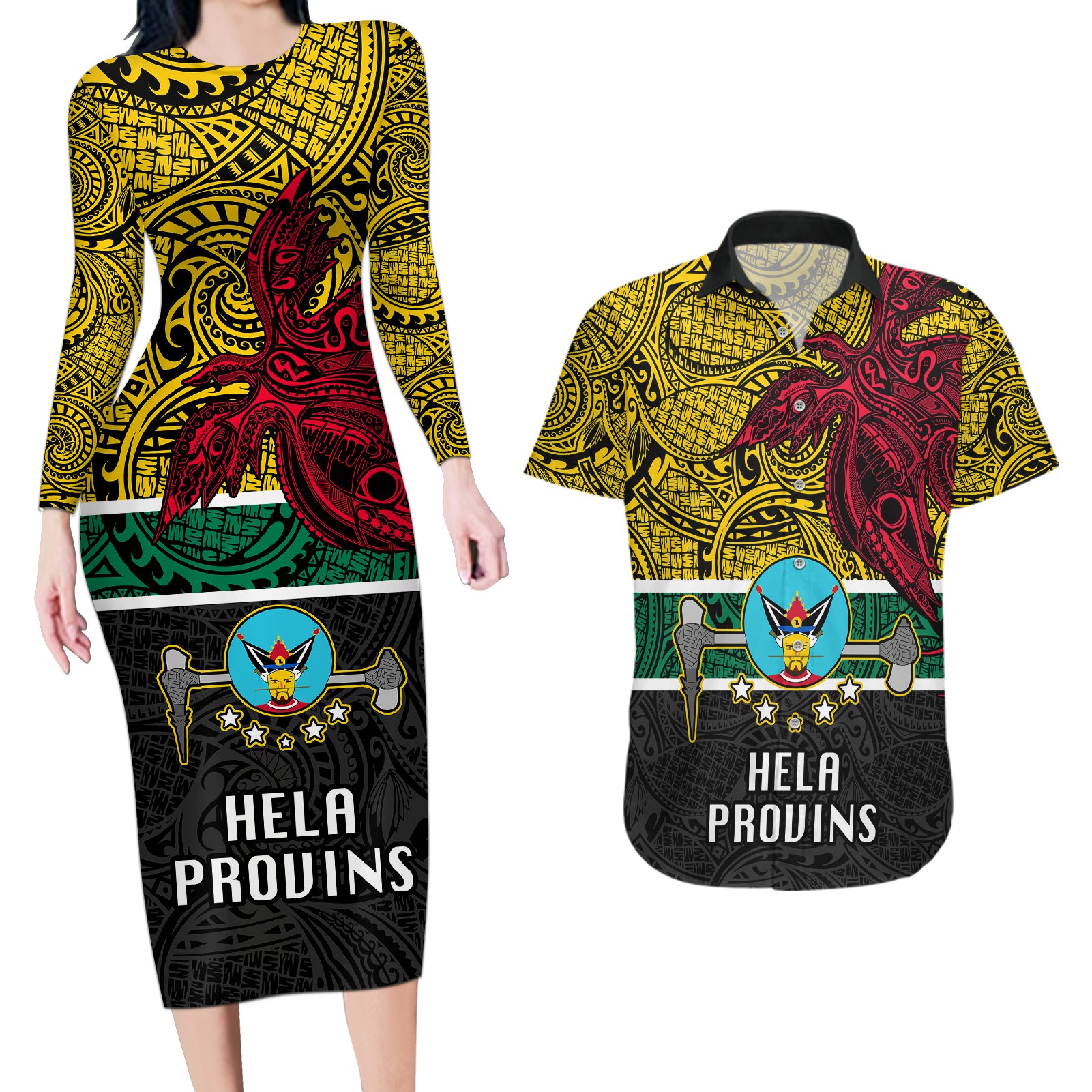 Papua New Guinea Hela Province Couples Matching Long Sleeve Bodycon Dress and Hawaiian Shirt PNG Birds Of Paradise Polynesian Arty Style LT03 Yellow - Polynesian Pride