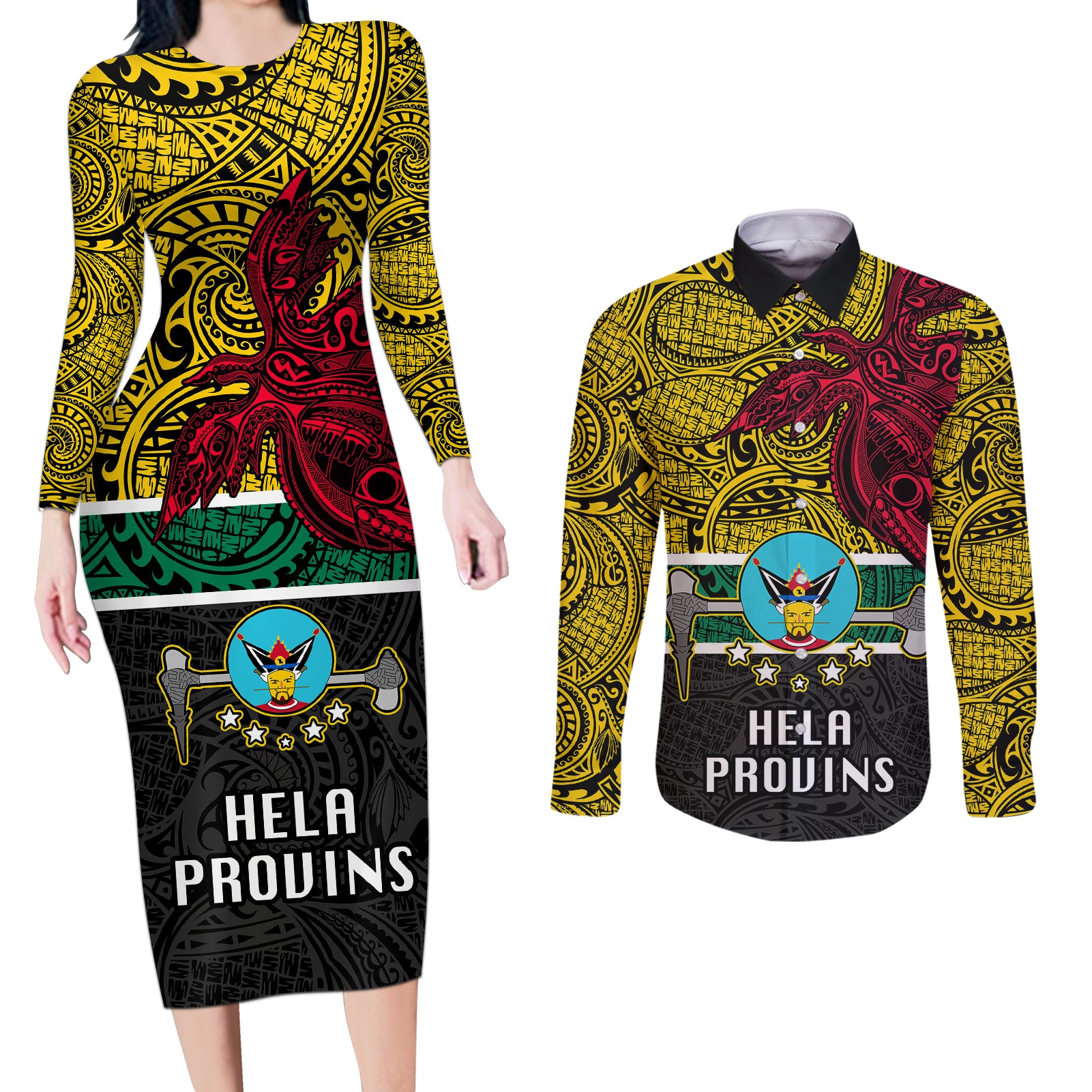 Papua New Guinea Hela Province Couples Matching Long Sleeve Bodycon Dress and Long Sleeve Button Shirts PNG Birds Of Paradise Polynesian Arty Style LT03 Yellow - Polynesian Pride