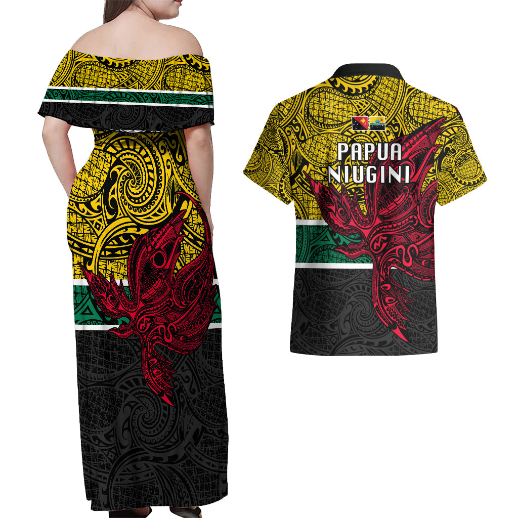 Papua New Guinea Hela Province Couples Matching Off Shoulder Maxi Dress and Hawaiian Shirt PNG Birds Of Paradise Polynesian Arty Style LT03 - Polynesian Pride