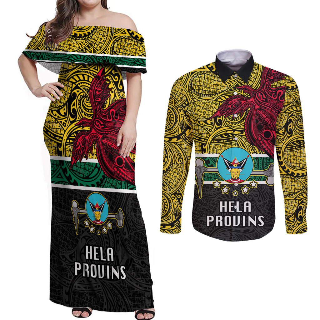 Papua New Guinea Hela Province Couples Matching Off Shoulder Maxi Dress and Long Sleeve Button Shirts PNG Birds Of Paradise Polynesian Arty Style LT03 Yellow - Polynesian Pride