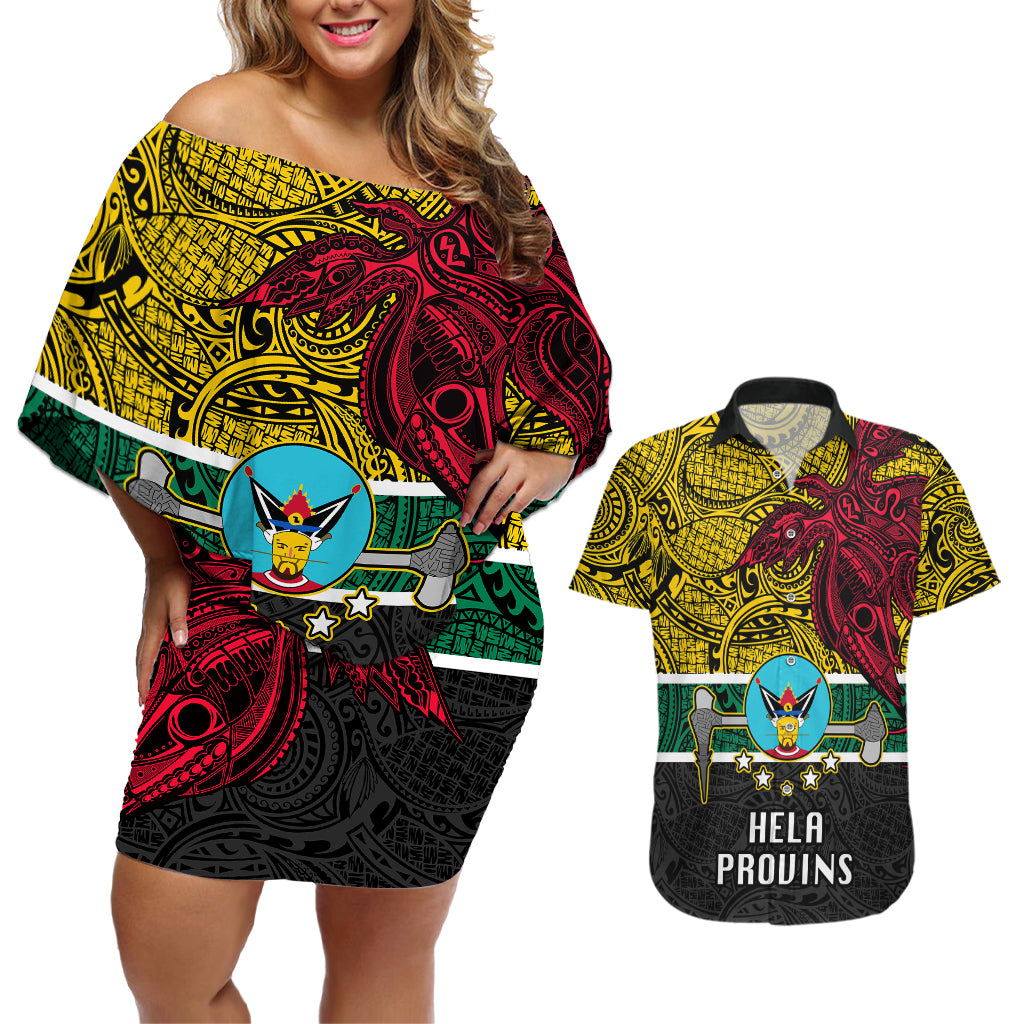 Papua New Guinea Hela Province Couples Matching Off Shoulder Short Dress and Hawaiian Shirt PNG Birds Of Paradise Polynesian Arty Style LT03 Yellow - Polynesian Pride