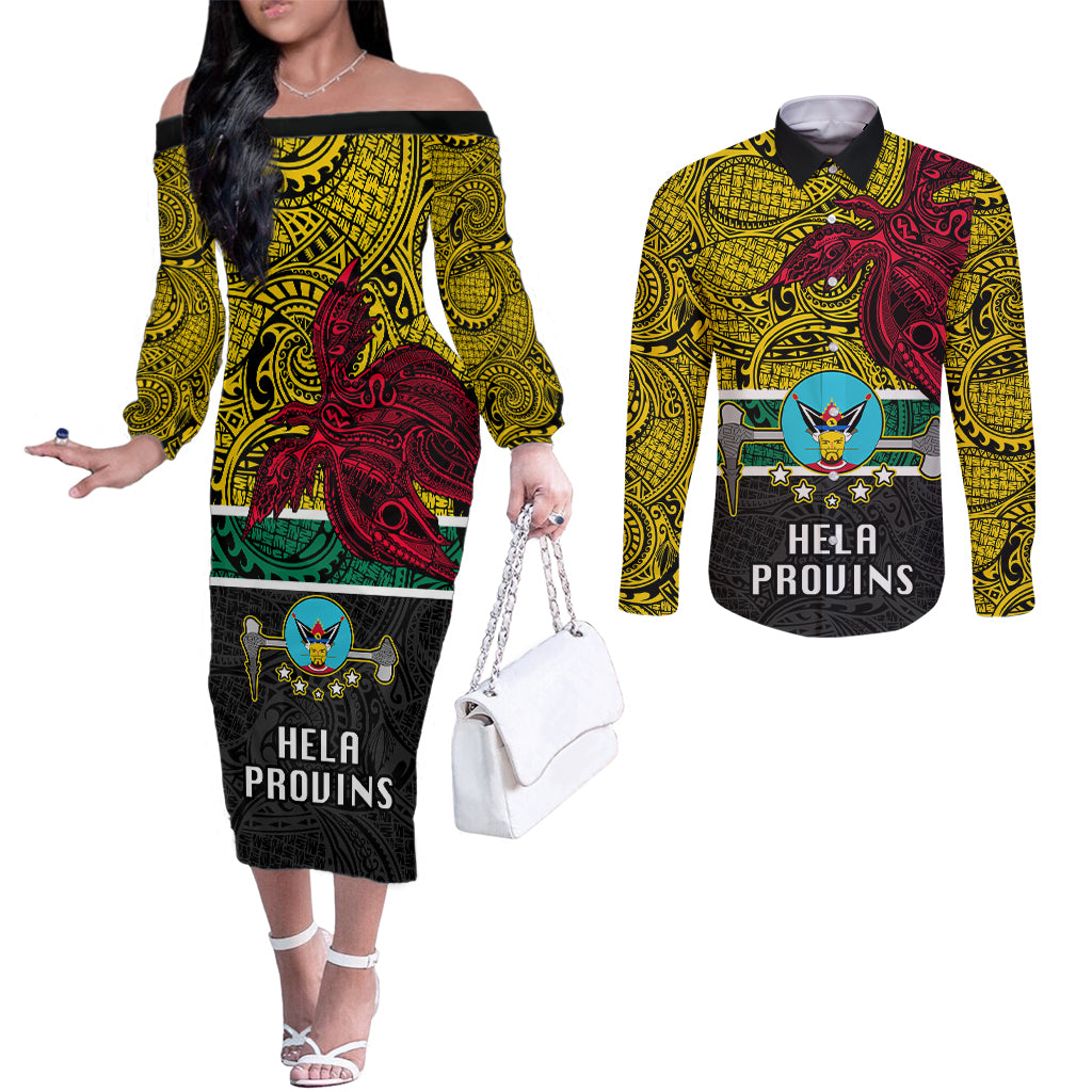Papua New Guinea Hela Province Couples Matching Off The Shoulder Long Sleeve Dress and Long Sleeve Button Shirts PNG Birds Of Paradise Polynesian Arty Style LT03 Yellow - Polynesian Pride