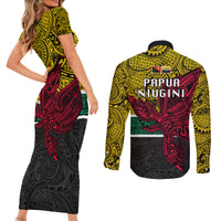 Papua New Guinea Hela Province Couples Matching Short Sleeve Bodycon Dress and Long Sleeve Button Shirts PNG Birds Of Paradise Polynesian Arty Style LT03 - Polynesian Pride