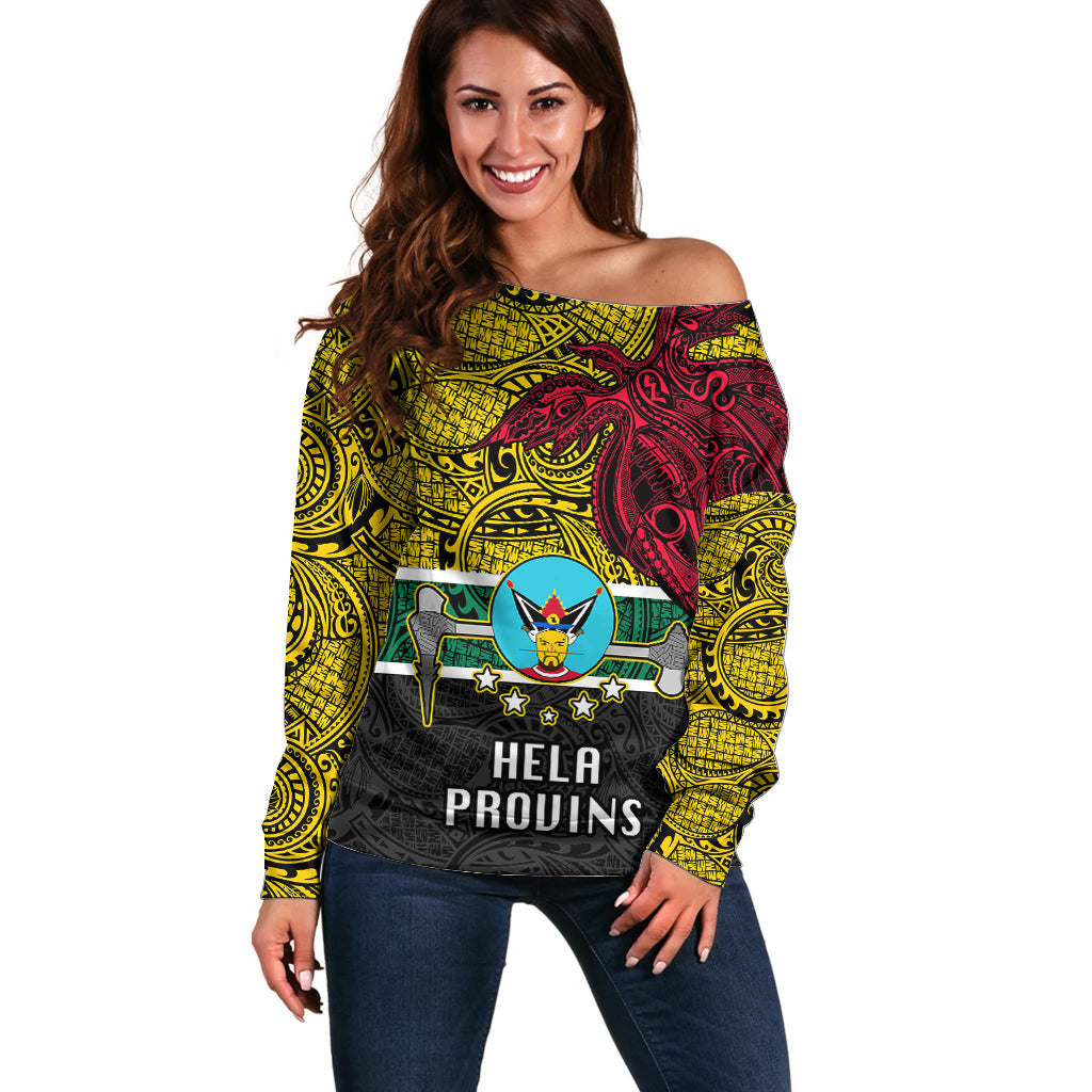 Papua New Guinea Hela Province Off Shoulder Sweater PNG Birds Of Paradise Polynesian Arty Style LT03 Women Yellow - Polynesian Pride
