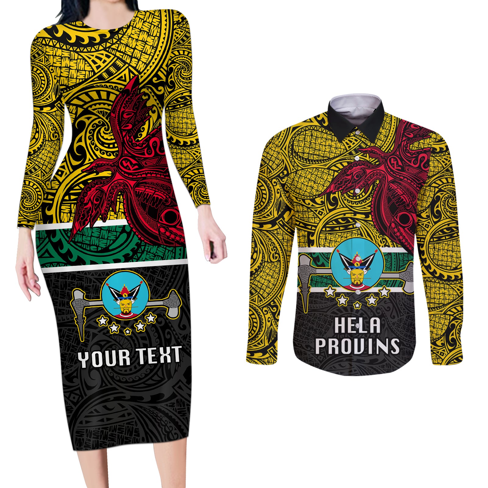 Personalised Papua New Guinea Hela Province Couples Matching Long Sleeve Bodycon Dress and Long Sleeve Button Shirts PNG Birds Of Paradise Polynesian Arty Style LT03 Yellow - Polynesian Pride