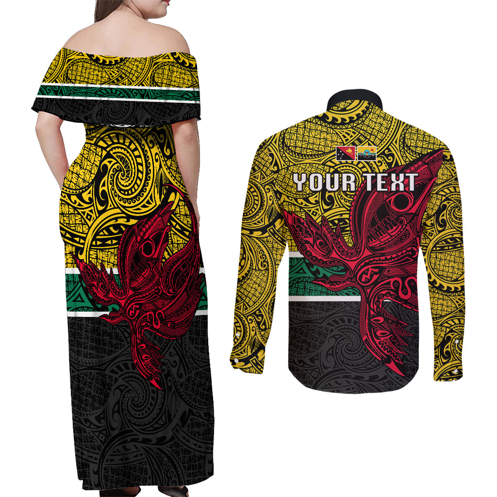 Personalised Papua New Guinea Hela Province Couples Matching Off Shoulder Maxi Dress and Long Sleeve Button Shirts PNG Birds Of Paradise Polynesian Arty Style LT03 - Polynesian Pride