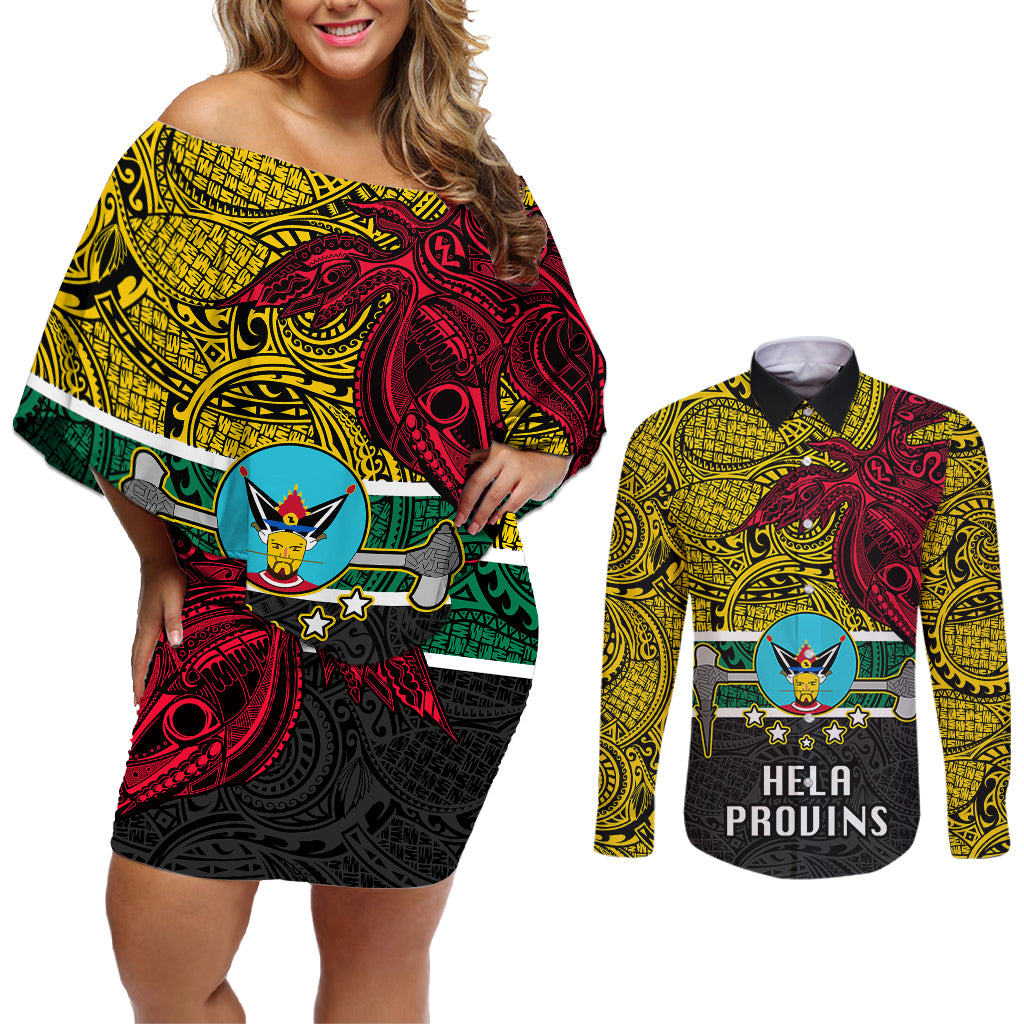 Personalised Papua New Guinea Hela Province Couples Matching Off Shoulder Short Dress and Long Sleeve Button Shirts PNG Birds Of Paradise Polynesian Arty Style LT03 Yellow - Polynesian Pride