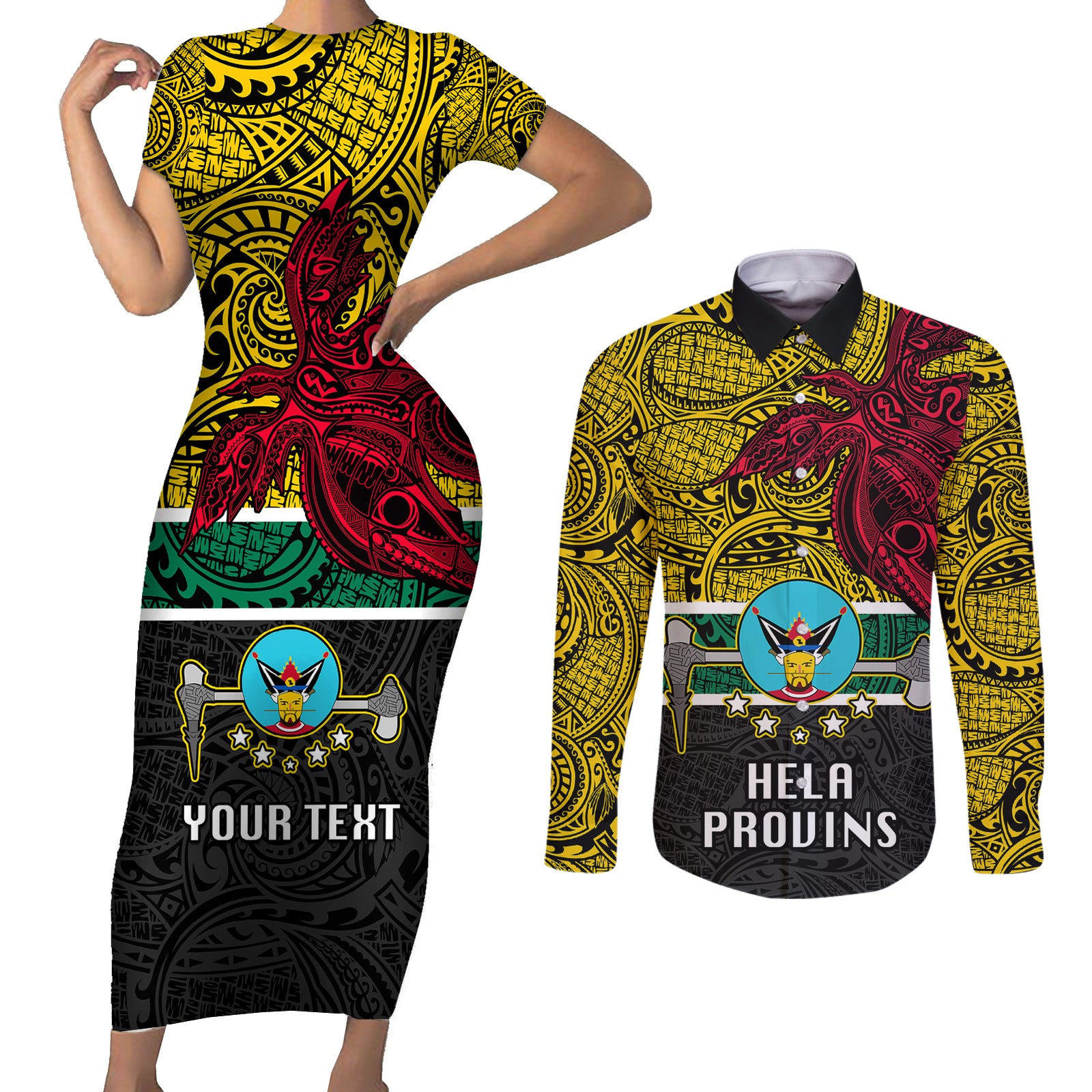 Personalised Papua New Guinea Hela Province Couples Matching Short Sleeve Bodycon Dress and Long Sleeve Button Shirts PNG Birds Of Paradise Polynesian Arty Style LT03 Yellow - Polynesian Pride