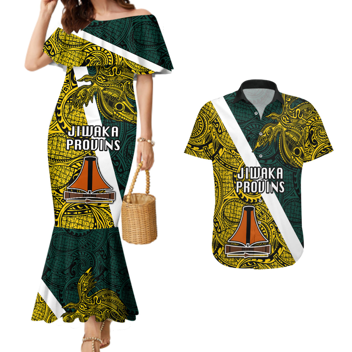 Papua New Guinea Jiwaka Province Couples Matching Mermaid Dress and Hawaiian Shirt PNG Birds Of Paradise Polynesian Arty Style LT03 Yellow - Polynesian Pride