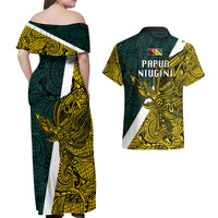 Papua New Guinea Jiwaka Province Couples Matching Off Shoulder Maxi Dress and Hawaiian Shirt PNG Birds Of Paradise Polynesian Arty Style LT03 - Polynesian Pride