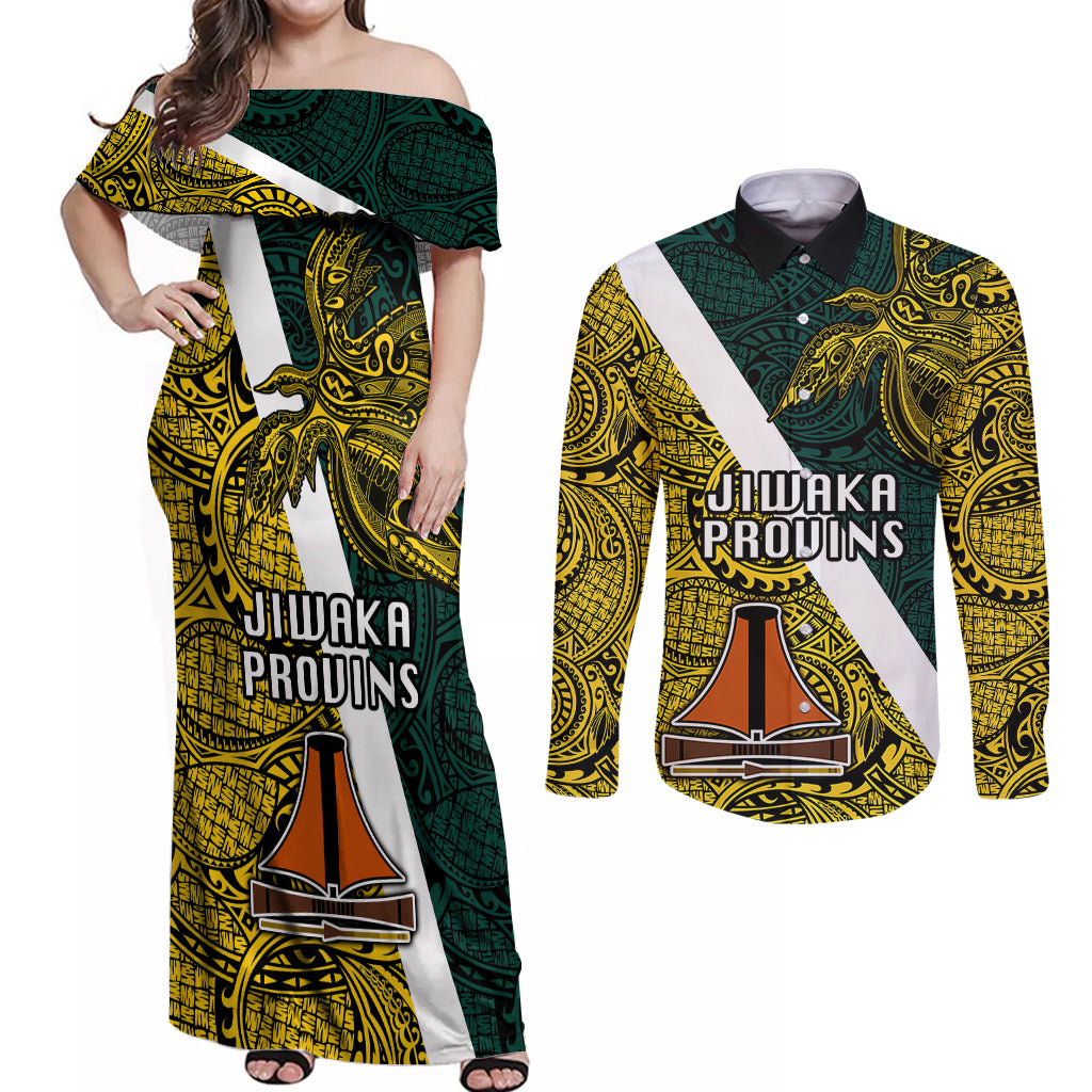Papua New Guinea Jiwaka Province Couples Matching Off Shoulder Maxi Dress and Long Sleeve Button Shirts PNG Birds Of Paradise Polynesian Arty Style LT03 Yellow - Polynesian Pride