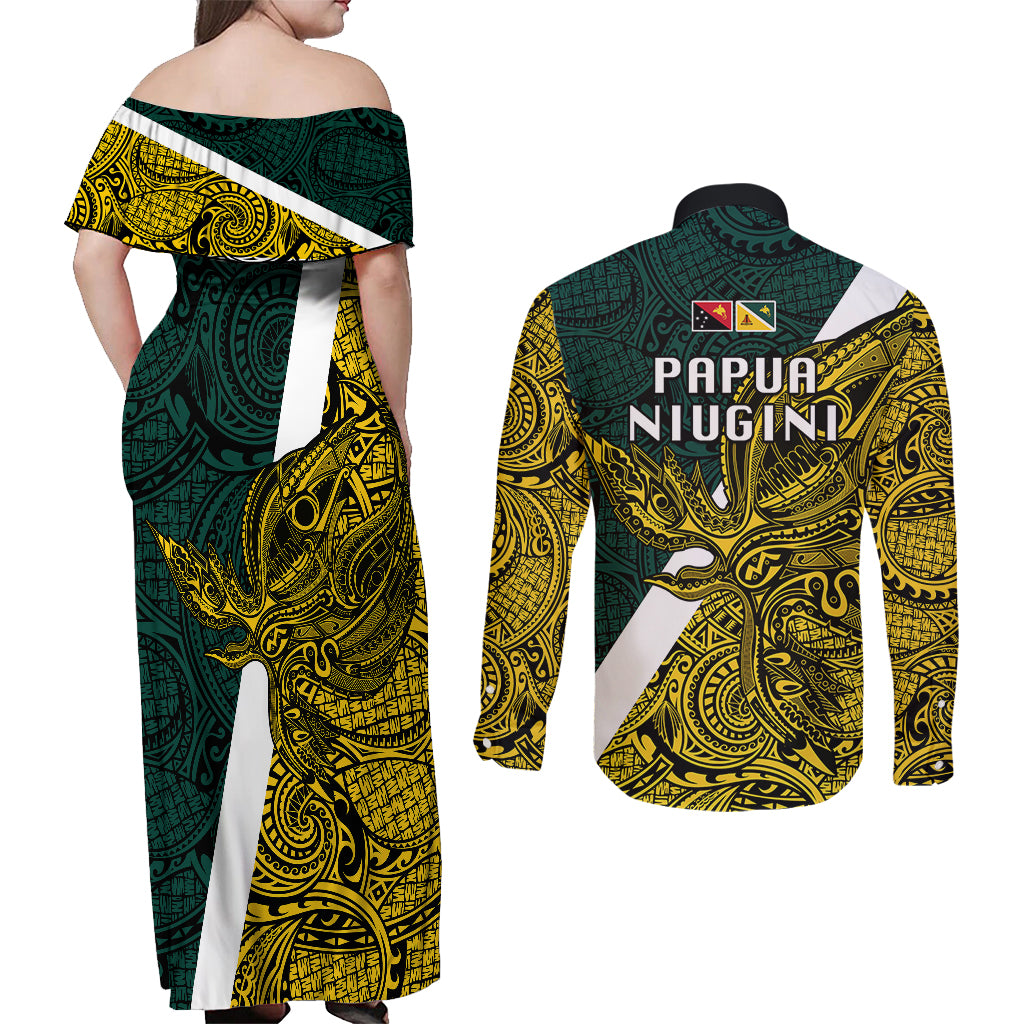 Papua New Guinea Jiwaka Province Couples Matching Off Shoulder Maxi Dress and Long Sleeve Button Shirts PNG Birds Of Paradise Polynesian Arty Style LT03 - Polynesian Pride