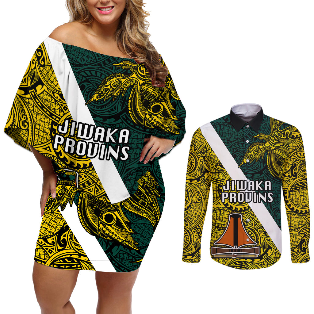 Papua New Guinea Jiwaka Province Couples Matching Off Shoulder Short Dress and Long Sleeve Button Shirts PNG Birds Of Paradise Polynesian Arty Style LT03 Yellow - Polynesian Pride