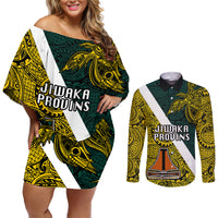 Papua New Guinea Jiwaka Province Couples Matching Off Shoulder Short Dress and Long Sleeve Button Shirts PNG Birds Of Paradise Polynesian Arty Style LT03 Yellow - Polynesian Pride