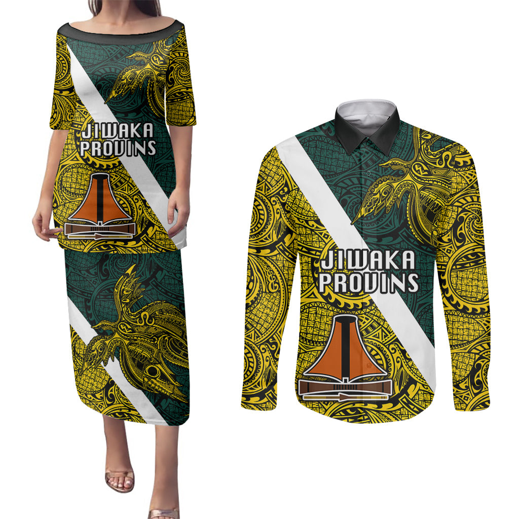 Papua New Guinea Jiwaka Province Couples Matching Puletasi Dress and Long Sleeve Button Shirts PNG Birds Of Paradise Polynesian Arty Style LT03 Yellow - Polynesian Pride