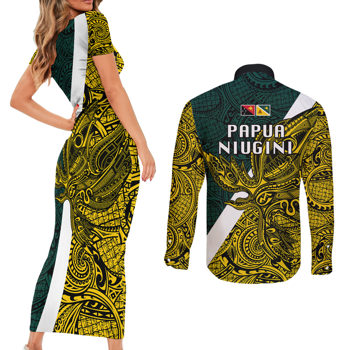 Papua New Guinea Jiwaka Province Couples Matching Short Sleeve Bodycon Dress and Long Sleeve Button Shirts PNG Birds Of Paradise Polynesian Arty Style LT03 - Polynesian Pride