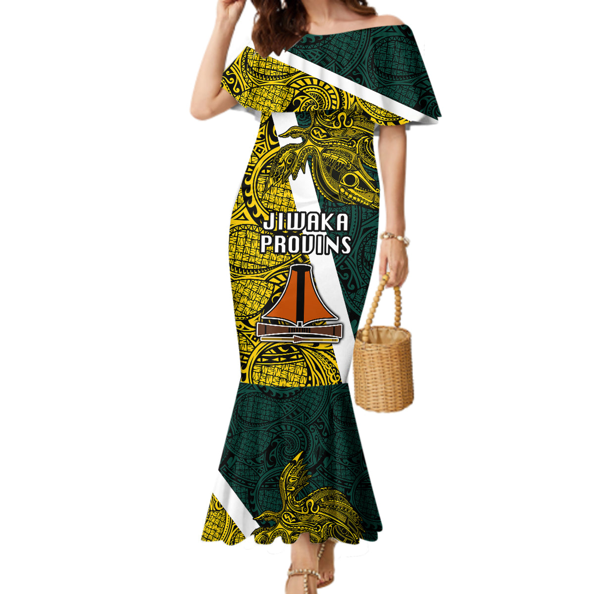 Papua New Guinea Jiwaka Province Mermaid Dress PNG Birds Of Paradise Polynesian Arty Style LT03 Women Yellow - Polynesian Pride