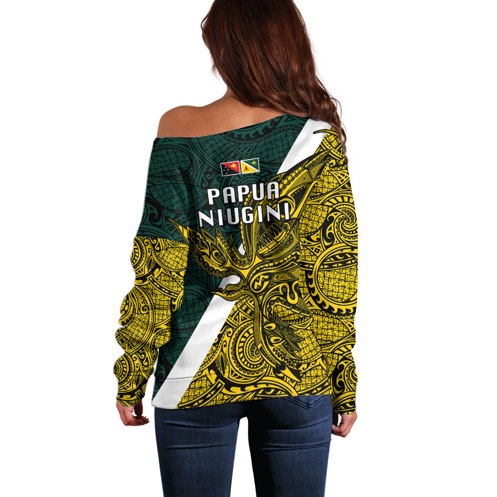 Papua New Guinea Jiwaka Province Off Shoulder Sweater PNG Birds Of Paradise Polynesian Arty Style LT03 - Polynesian Pride