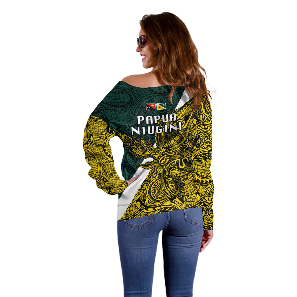 Papua New Guinea Jiwaka Province Off Shoulder Sweater PNG Birds Of Paradise Polynesian Arty Style LT03 - Polynesian Pride