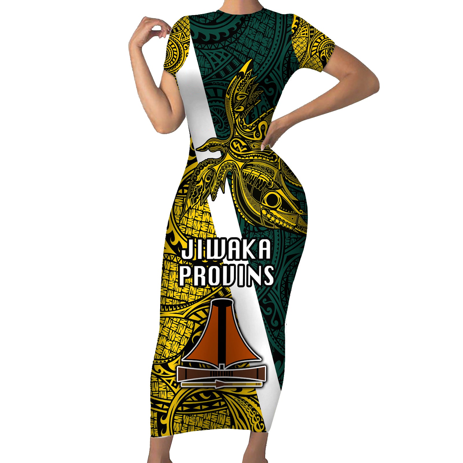 Papua New Guinea Jiwaka Province Short Sleeve Bodycon Dress PNG Birds Of Paradise Polynesian Arty Style LT03 Long Dress Yellow - Polynesian Pride