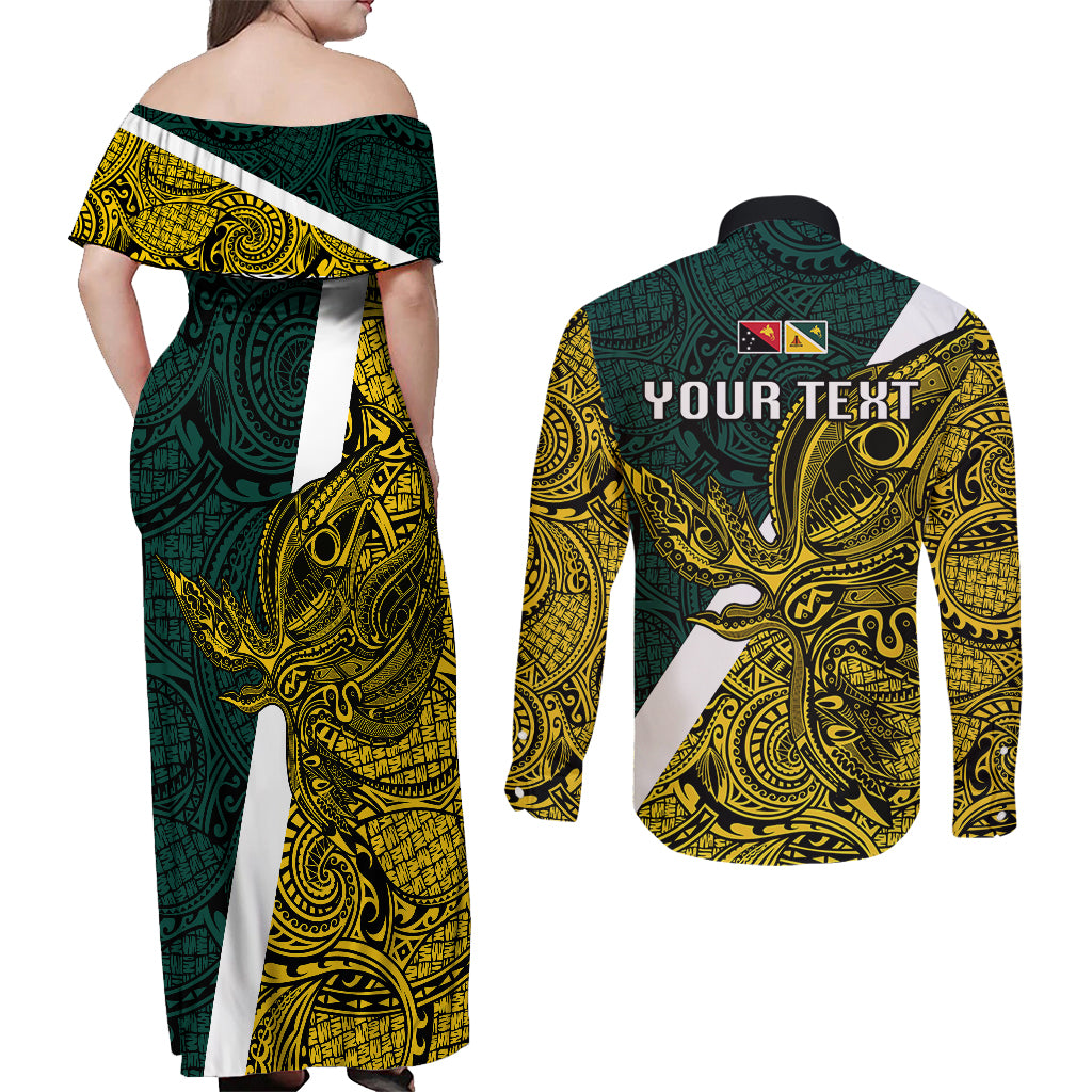 Personalised Papua New Guinea Jiwaka Province Couples Matching Off Shoulder Maxi Dress and Long Sleeve Button Shirts PNG Birds Of Paradise Polynesian Arty Style LT03 - Polynesian Pride