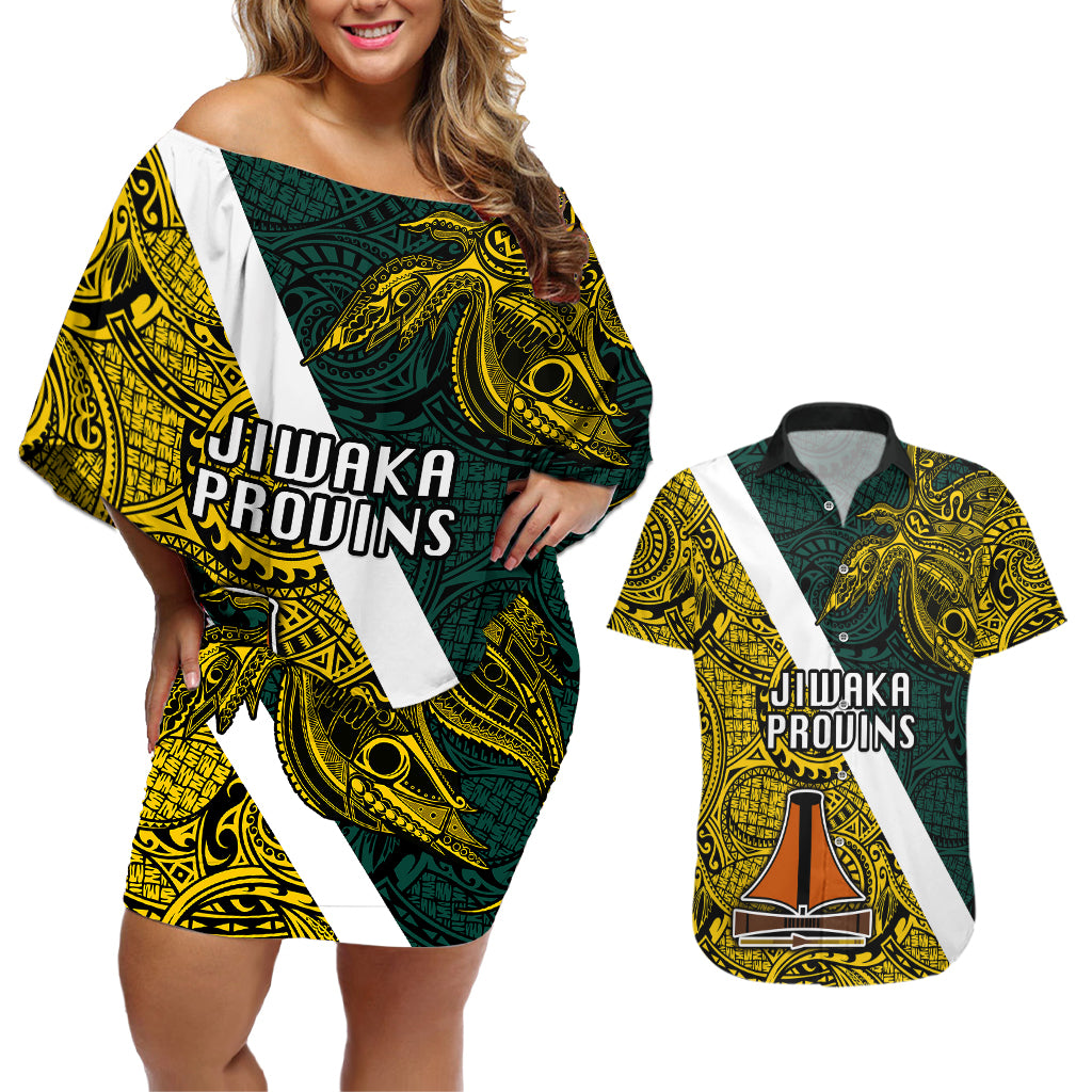 Personalised Papua New Guinea Jiwaka Province Couples Matching Off Shoulder Short Dress and Hawaiian Shirt PNG Birds Of Paradise Polynesian Arty Style LT03 Yellow - Polynesian Pride