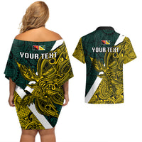 Personalised Papua New Guinea Jiwaka Province Couples Matching Off Shoulder Short Dress and Hawaiian Shirt PNG Birds Of Paradise Polynesian Arty Style LT03 - Polynesian Pride
