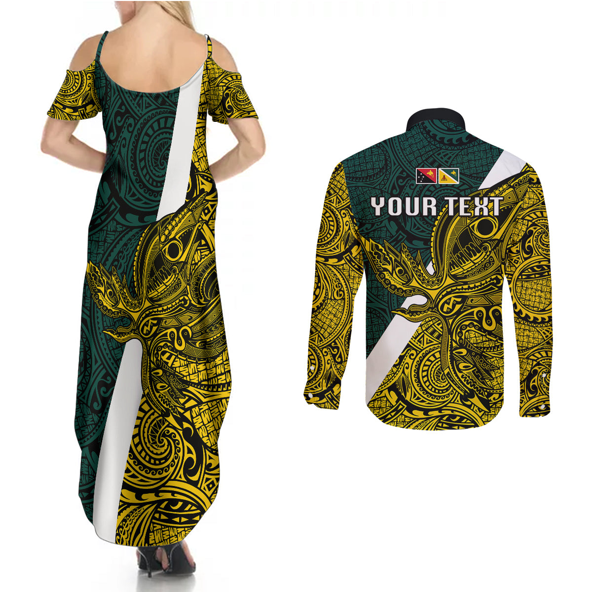 Personalised Papua New Guinea Jiwaka Province Couples Matching Summer Maxi Dress and Long Sleeve Button Shirts PNG Birds Of Paradise Polynesian Arty Style LT03 - Polynesian Pride