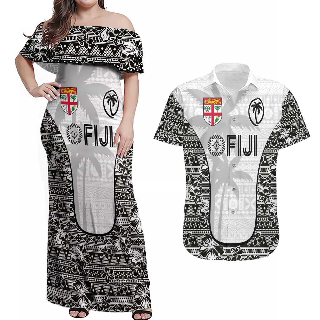 Custom Fiji Pacific Rugby 2024 Couples Matching Off Shoulder Maxi Dress and Hawaiian Shirt Tapa Tribal and Fijian Masi Pattern