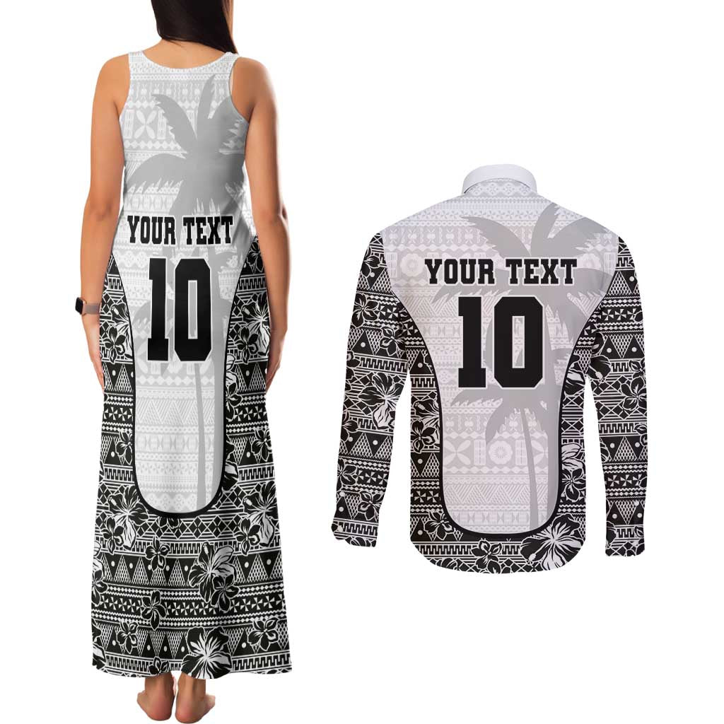 Custom Fiji Pacific Rugby 2024 Couples Matching Tank Maxi Dress and Long Sleeve Button Shirt Tapa Tribal and Fijian Masi Pattern
