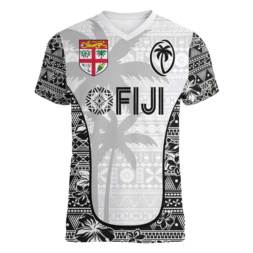 Custom Fiji Pacific Rugby 2024 Women V-Neck T-Shirt Tapa Tribal and Fijian Masi Pattern