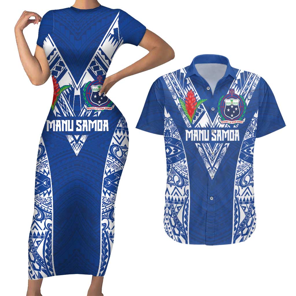 Custom Samoa Pacific Rugby 2024 Couples Matching Short Sleeve Bodycon Dress and Hawaiian Shirt Polynesian Pacific Tribal Pattern