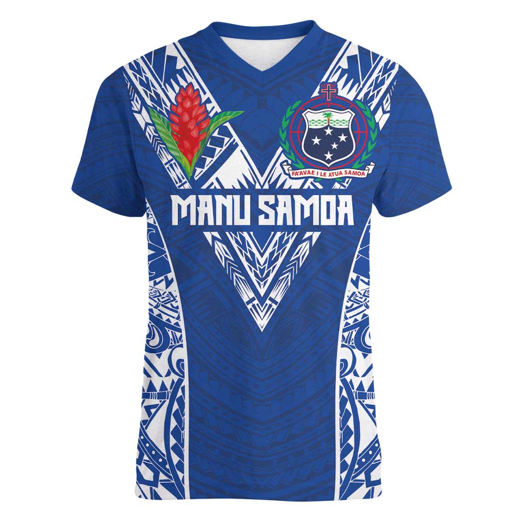 Custom Samoa Pacific Rugby 2024 Women V-Neck T-Shirt Polynesian Pacific Tribal Pattern