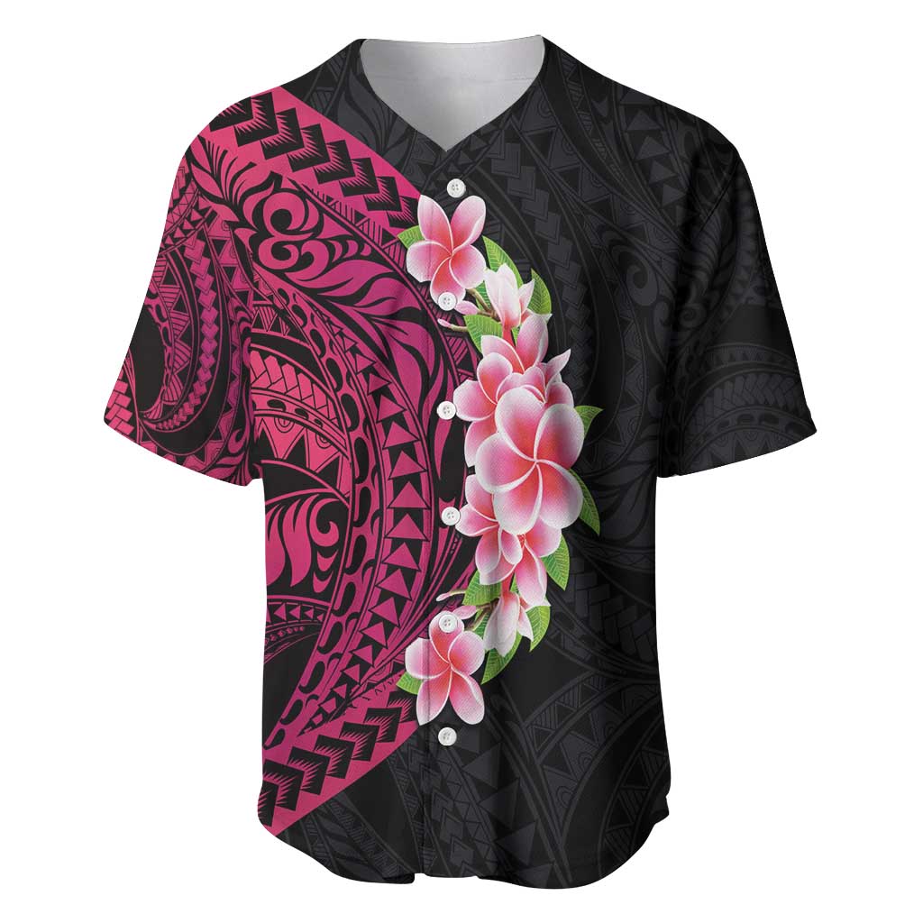 Hawaiian Tropical Plumeria Art Polynesian Tattoo Baseball Jersey Black and Bright Pink Color