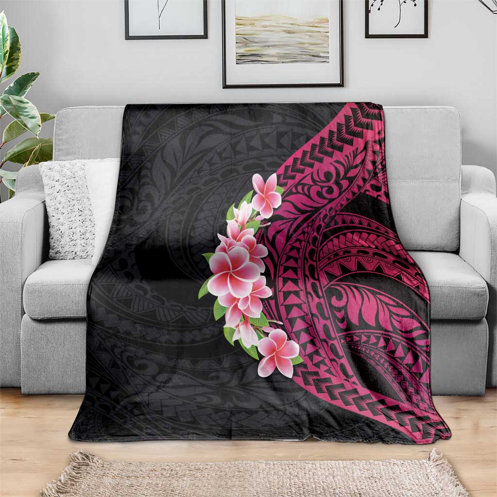 Hawaiian Tropical Plumeria Art Polynesian Tattoo Blanket Black and Bright Pink Color