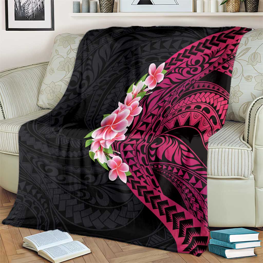Hawaiian Tropical Plumeria Art Polynesian Tattoo Blanket Black and Bright Pink Color