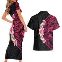Hawaiian Tropical Plumeria Art Polynesian Tattoo Couples Matching Short Sleeve Bodycon Dress and Hawaiian Shirt Black and Bright Pink Color