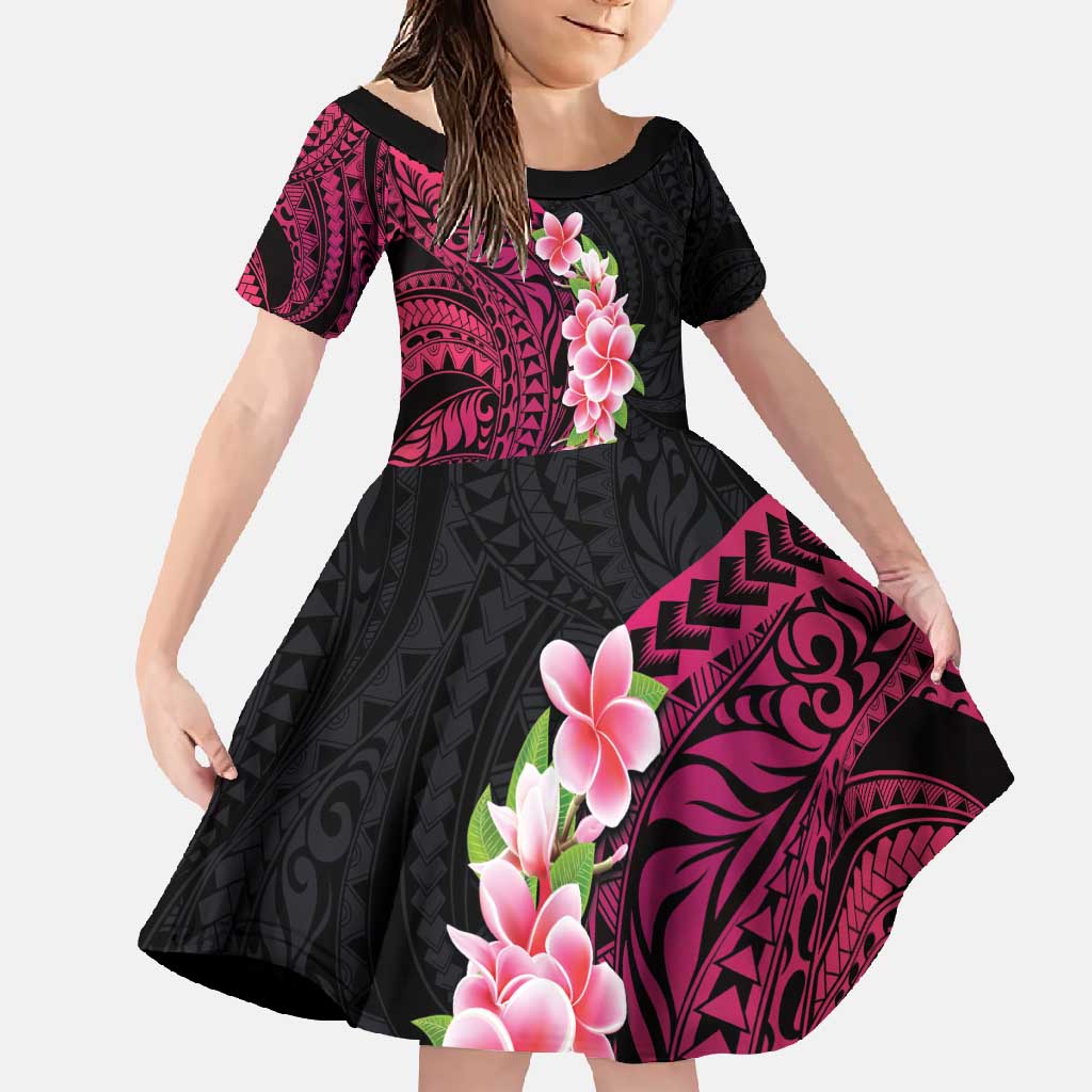 Hawaiian Tropical Plumeria Art Polynesian Tattoo Family Matching Mermaid Dress and Hawaiian Shirt Black and Bright Pink Color