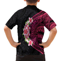 Hawaiian Tropical Plumeria Art Polynesian Tattoo Family Matching Off The Shoulder Long Sleeve Dress and Hawaiian Shirt Black and Bright Pink Color