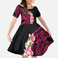 Hawaiian Tropical Plumeria Art Polynesian Tattoo Family Matching Off The Shoulder Long Sleeve Dress and Hawaiian Shirt Black and Bright Pink Color