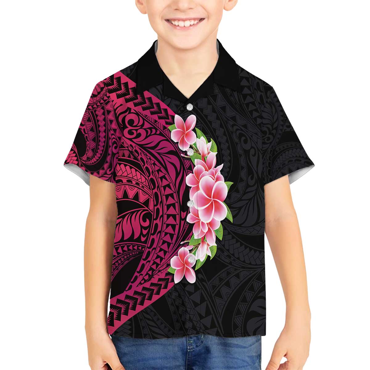 Hawaiian Tropical Plumeria Art Polynesian Tattoo Family Matching Off The Shoulder Long Sleeve Dress and Hawaiian Shirt Black and Bright Pink Color