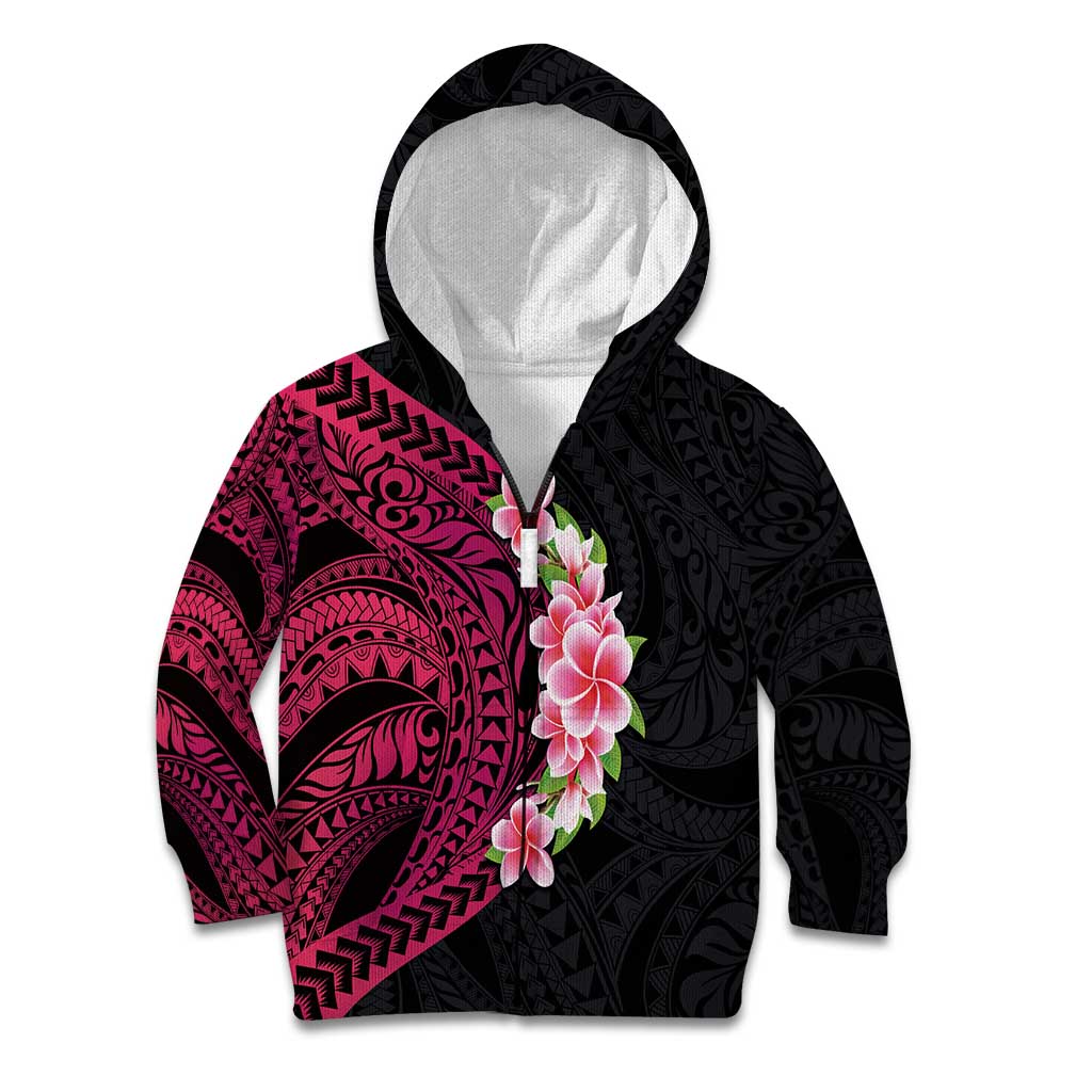 Hawaiian Tropical Plumeria Art Polynesian Tattoo Kid Hoodie Black and Bright Pink Color