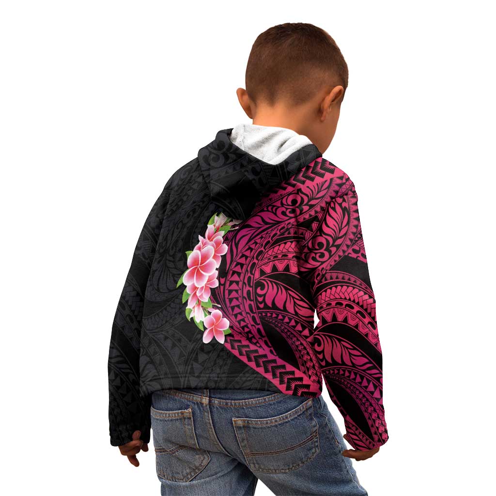 Hawaiian Tropical Plumeria Art Polynesian Tattoo Kid Hoodie Black and Bright Pink Color