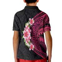 Hawaiian Tropical Plumeria Art Polynesian Tattoo Kid Polo Shirt Black and Bright Pink Color